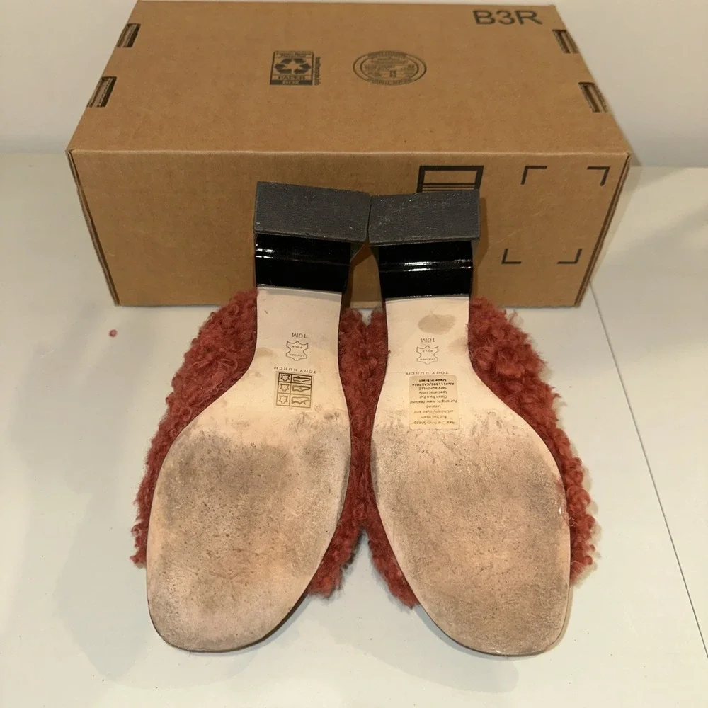 Tory Birch Size 10M Block T Heel Mule Kaku Shearling Sandal 80mm Smoked Paprika